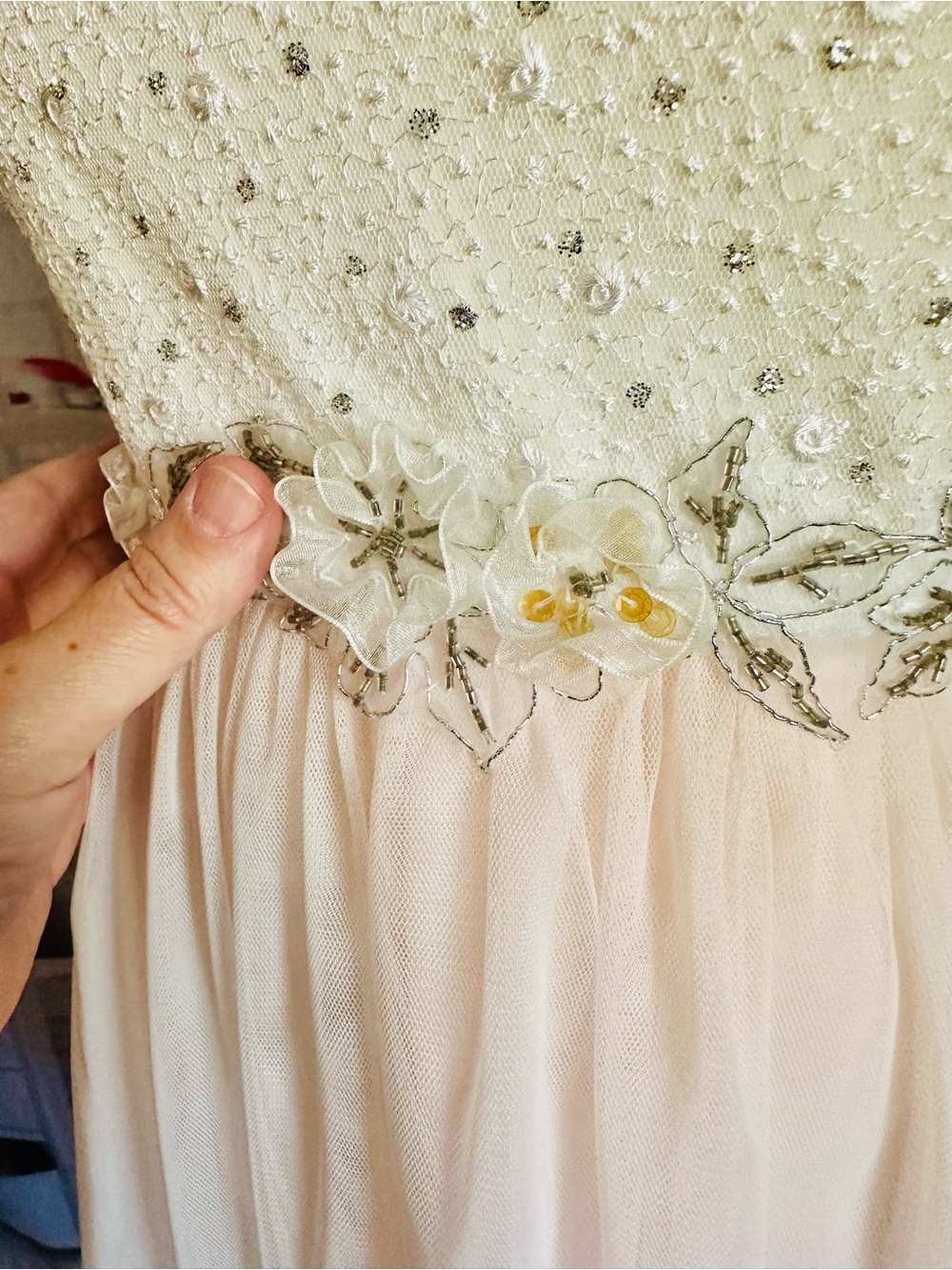 Masquerade Ivory and Pale Pink Beaded Party Dress - Picture 9 of 12